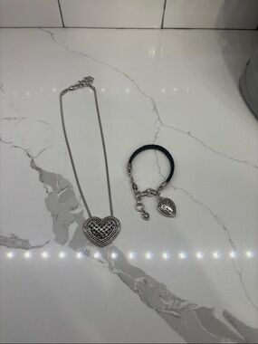 Brighton Scrollwork Silver tone heart necklace & leather Bracelet w/ Heart Charm